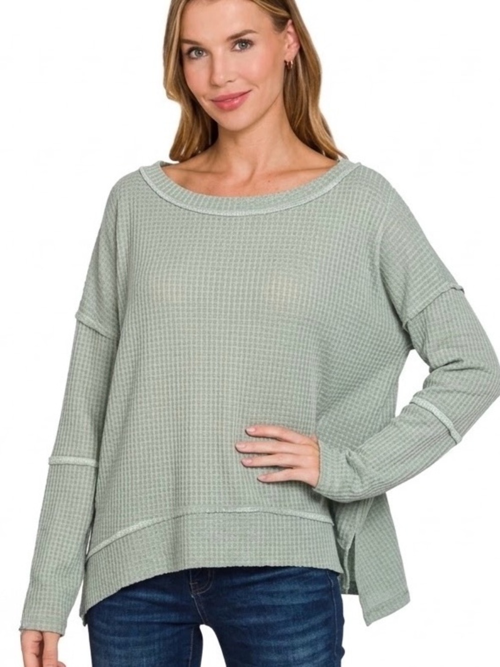 white birch Sage Waffle-Knit Relaxed Long-Sleeve Top